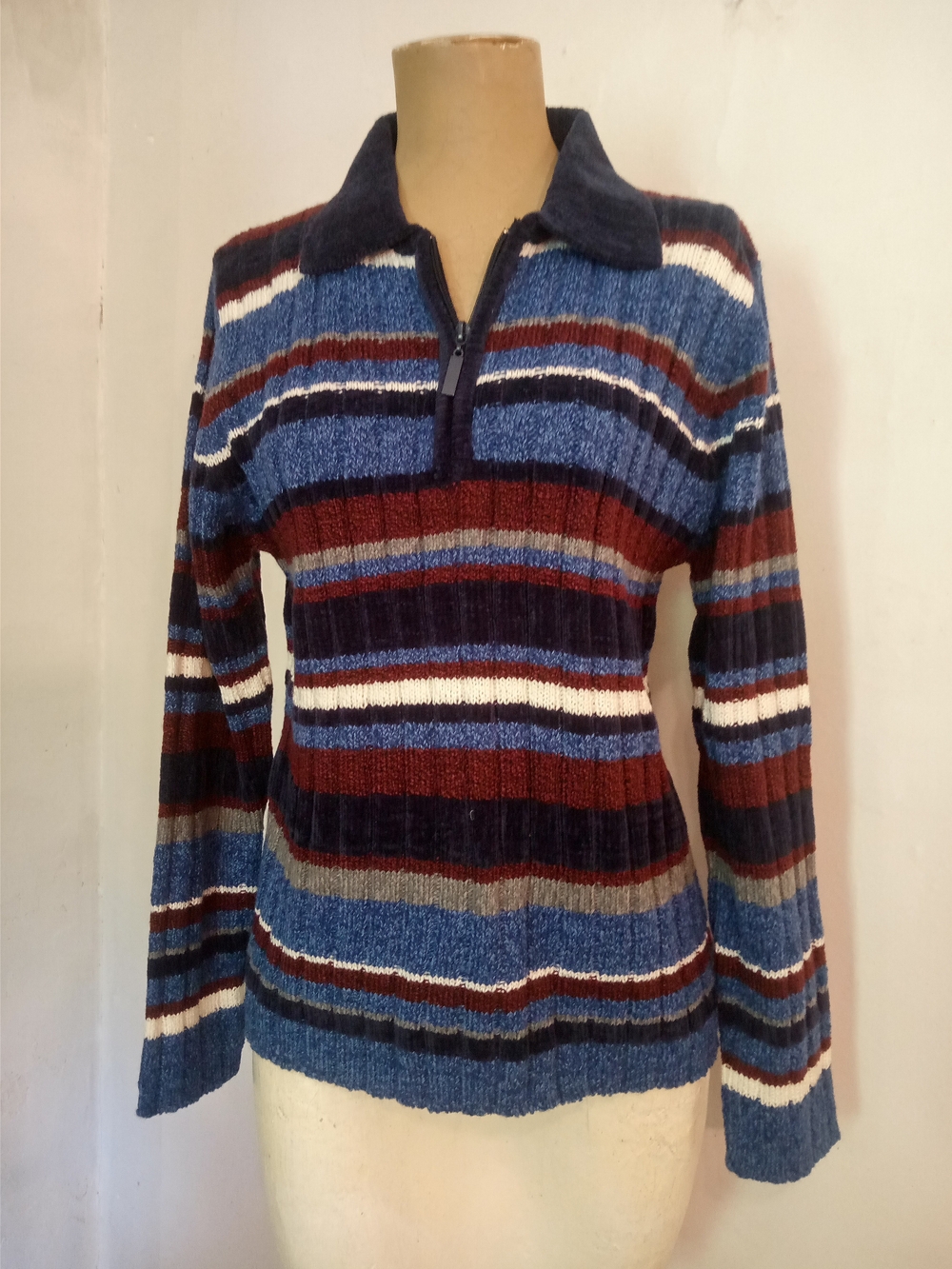 Carolyn Taylor Striped Zip Polo Sweater in Blue, White, Brown, Gray
